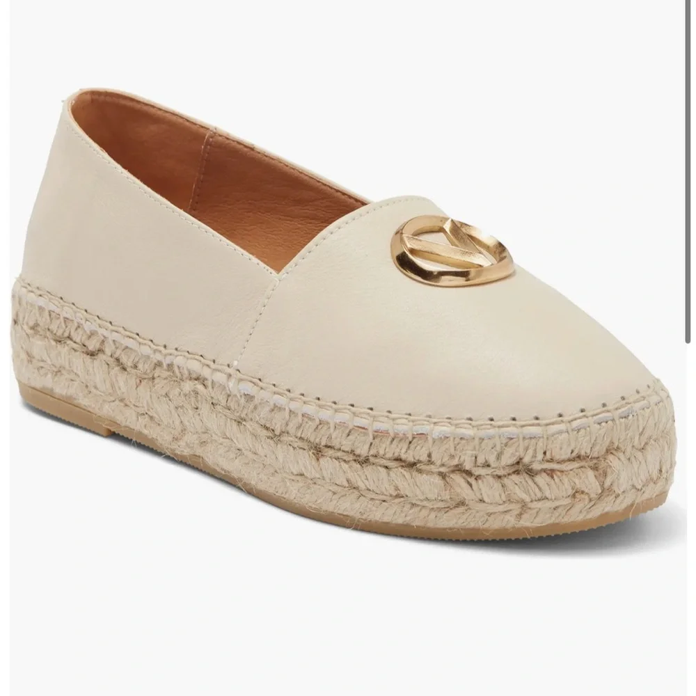 VALENTINO Jessica Espadrille Loafer Leather  Slip-Ons with Gold Emblem Cream 7